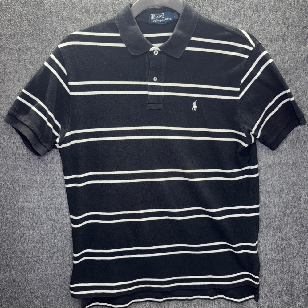 VTG Polo by Ralph Lauren Original Pony Striped Polo Shirt LG Black White‎ Golf